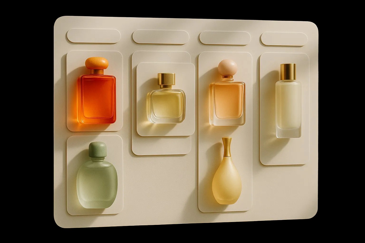 Clean editorial kanban board with perfume bottles organized as task cards for project management