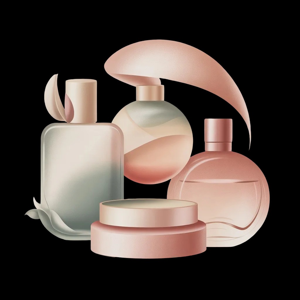 Editorial flatlay of fragrance starter kit with perfume bottles, decants, and accessories arranged beautifully