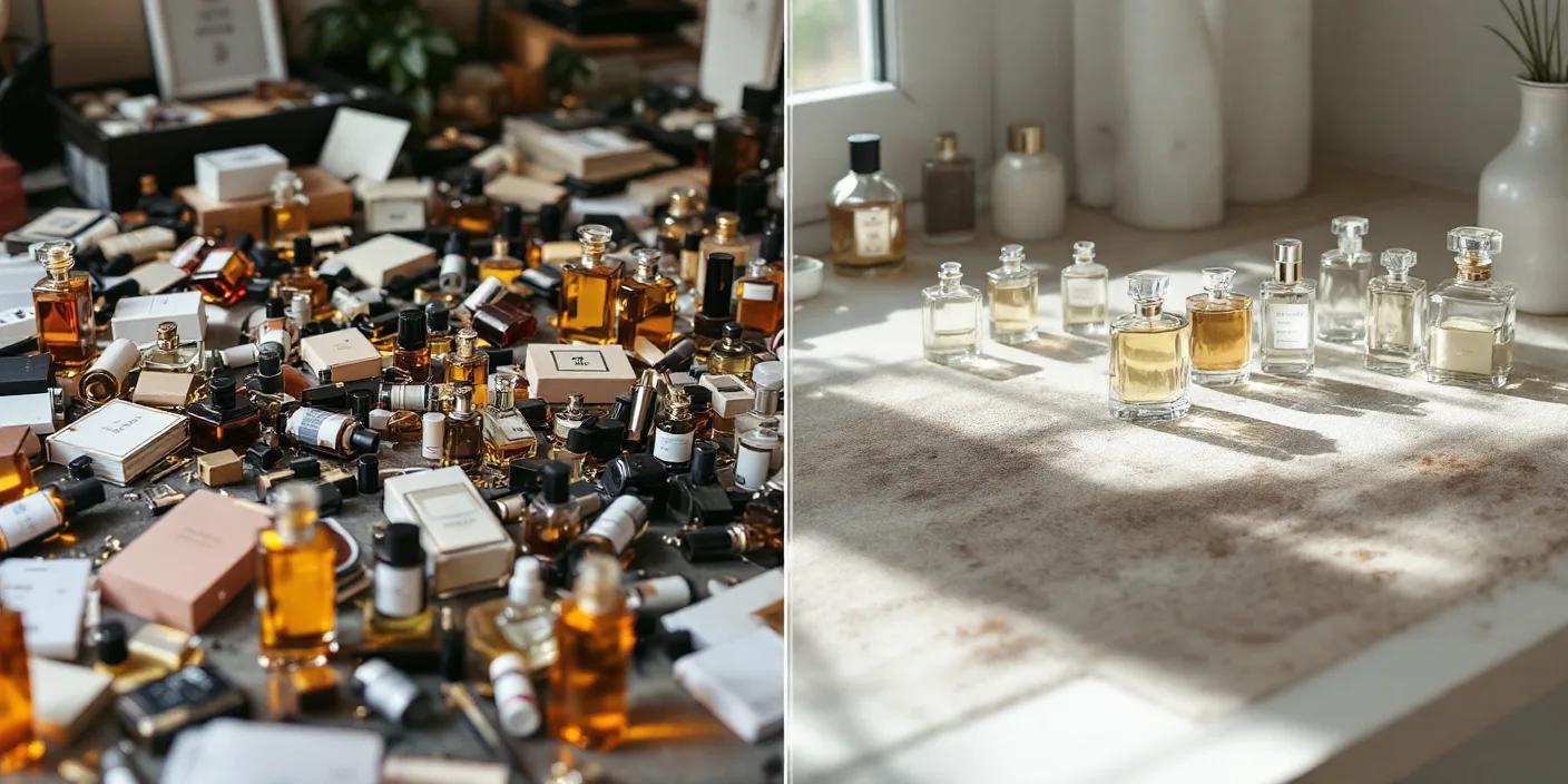 Split scene showing chaotic perfume collection transforming into organized fragrance collection with project management
